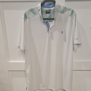 IZOD Mens White Polo with Blue and Green Plaid Accents